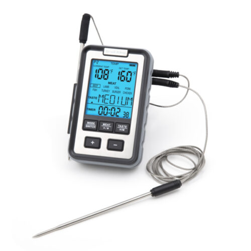 Digitalni termometer za meso z dvema sondama – za natančno merjenje notranje in zunanje temperature pri peki na žaru ali v pečici.