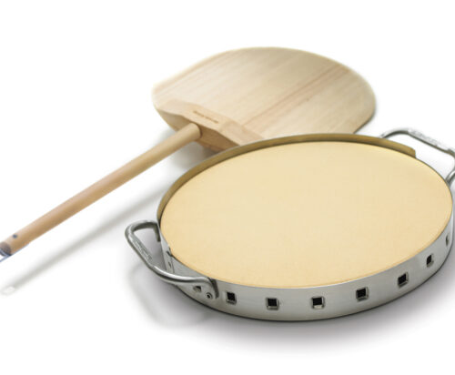 Premium set za peko pic – 33 cm kamen za pico z inox okvirom (1,2 mm) in veliko pica lopatico; za pečico, plinski žar in KEG kamado