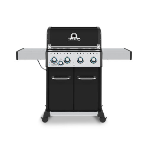 Plinski žar Broil King Baron 440 s 4 Dual-Tube™ gorilniki (12,4 kW), stranskim kuhalnikom (2,7 kW), litoželeznimi rešetkami in sistemom Flav-R-Wave™
