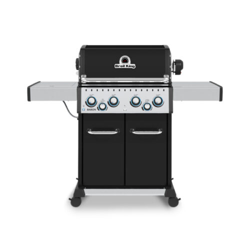 Plinski žar Broil King Baron 490 s 4 Dual-Tube™ gorilniki (12,4 kW), stranskim gorilnikom (2,7 kW), zadnjim gorilnikom za raženj (4,4 kW), litoželeznimi rešetkami in sistemom Flav-R-Wave™