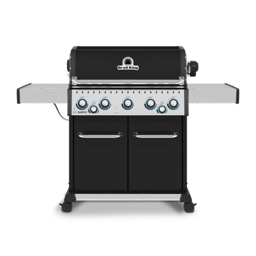 Plinski žar Broil King Baron 590 s 5 Dual-Tube™ gorilniki (15,5 kW), stranskim kuhalnikom (2,7 kW), zadnjim gorilnikom za raženj (4,4 kW) in Flav-R-Wave™