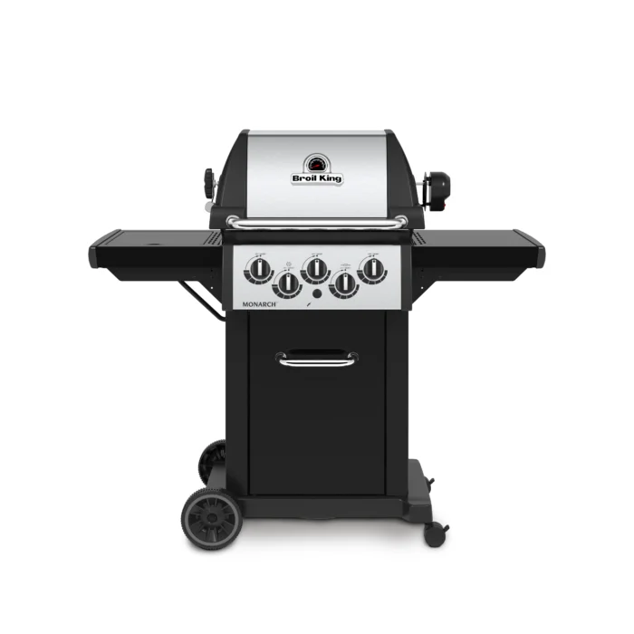 Plinski žar Broil King Monarch 390 s 3 gorilniki (16 kW), zadnjim gorilnikom za raženj, stranskim kuhalnikom in zložljivimi policami (132 × 122 × 56 cm)