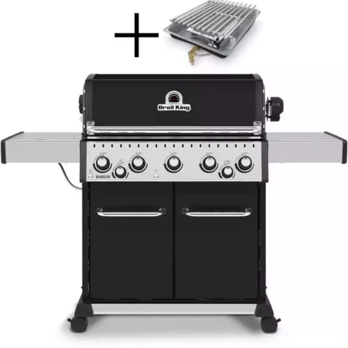 Plinski žar Broil King Baron S 590 IR s 5 gorilniki, zadnjim gorilnikom za raženj in IR stranskim gorilnikom (23 kW, 161 × 116 × 61 cm)