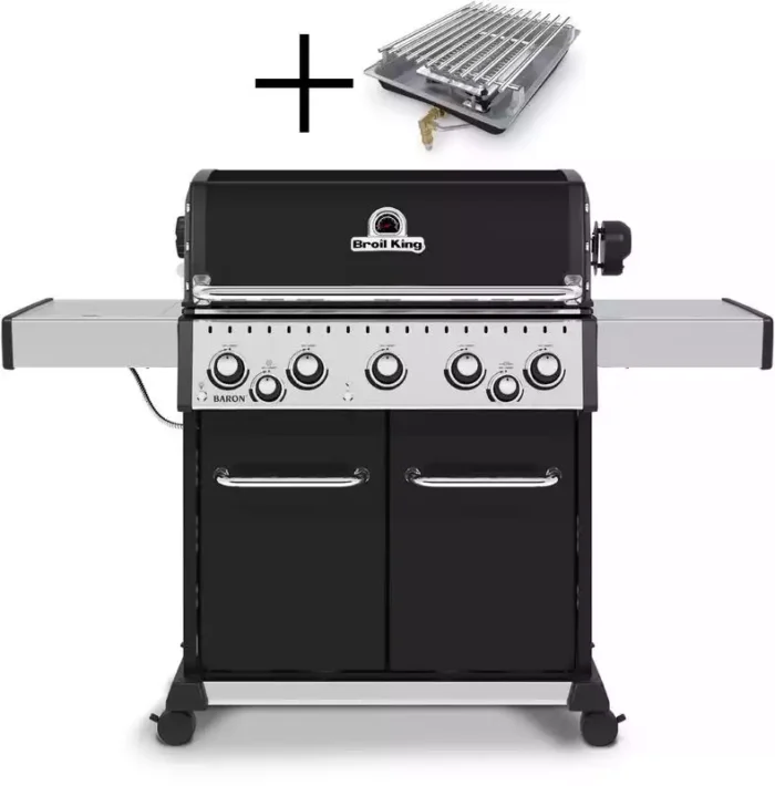 Plinski žar Broil King Baron S 590 IR s 5 gorilniki, zadnjim gorilnikom za raženj in IR stranskim gorilnikom (23 kW, 161 × 116 × 61 cm)